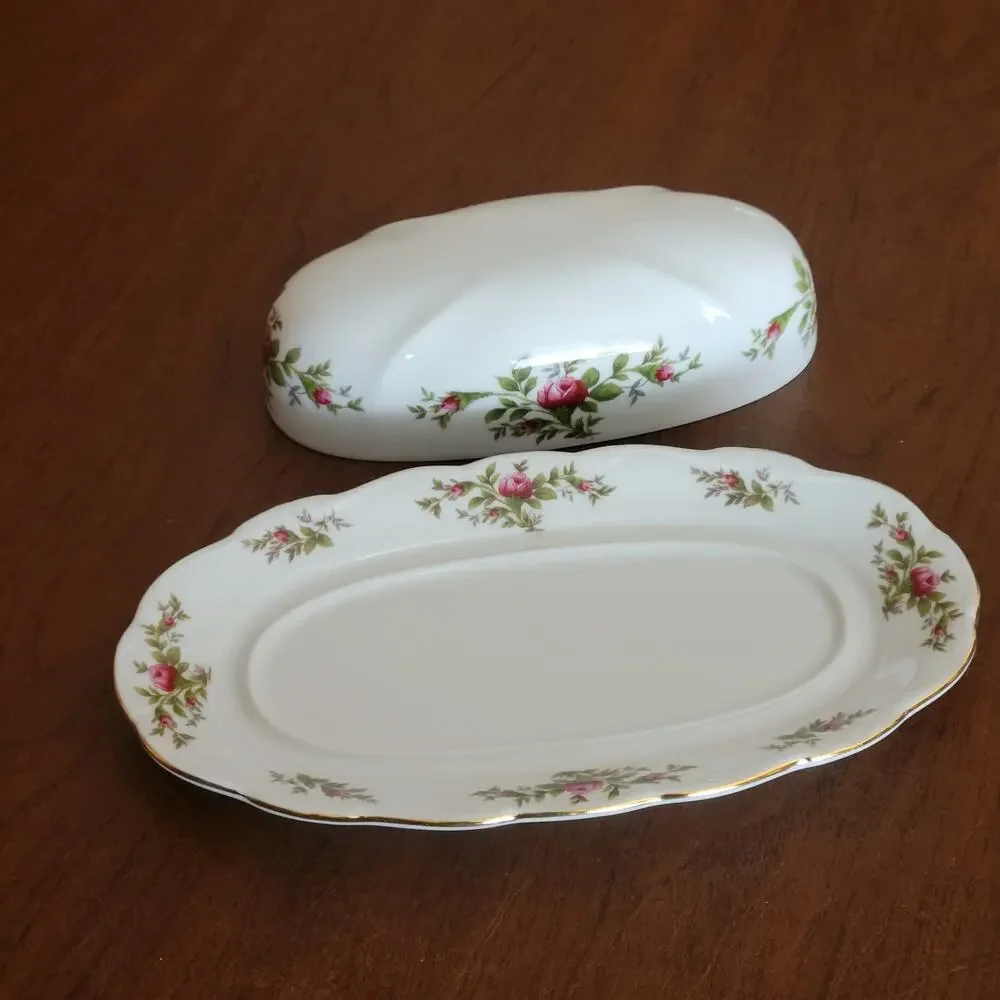 Vintage Johann Haviland Traditions Moss Rose Covered Butter Dish with Gold Trim